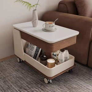 Tavolino Laterale Moderno in Legno Massello Stile Crema, Ecologico, con Piano in Lastra di Roccia, Regolabile, per Soggiorno e Appartamento - Product Image 2