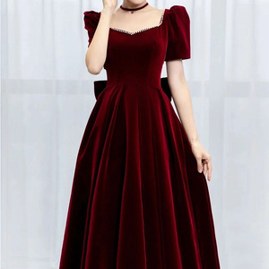 <b>Burgundy</b> <b>Velvet</b> Evening Gown Square Neck Short Sleeve Vintage Style Wedding Party <b>Dress</b> Plus Size Women - Product Image 2
