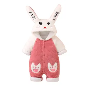 Baby Autumn/Winter Hooded Warm Rompers Baby Boys Cute Animal Embroidery Bodysuit Baby Girls Coral Flannel Bodysuit