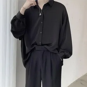 Camicie a maniche lunghe da uomo stile coreano, nere, casual, comode, tinta unita, oversize, traspiranti, vestibilità ampia, stile Harajuku, abbigliamento maschile - Product Image 3