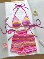 TW 2026 Bikini 2 Potong Wanita Model Halter Bergaris Seksi dengan Celana Pendek, Pakaian Renang Tanpa Punggung Modis, Grosir Kustom