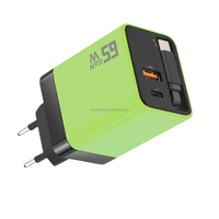 Chargeur GaN USB-C 65W avec prise EU et câble de charge rapide USB-C rétractable, adaptateur secteur PD Type-C 65W
