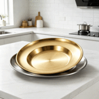 FLEY Großhandel Vintage 304 Edelstahl Strohhut-Teller, Anpassbare Metall-Tischware für Westliche Pasta-Restaurants