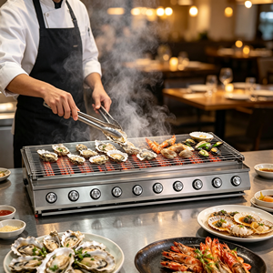Parrilla de Gas Comercial de 10 Quemadores Ampliada para Asar Pescado (Calamar) en Brochetas Mixtas, Equipo de Cocina para Restaurantes y Catering - Product Image 4