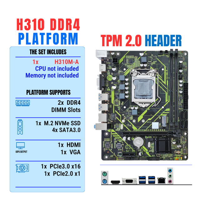 NEW H310M-A Supports TPM 2.0 Header Intel 8th-9th Gen CPU Dual Channel 2X DDR4 NVMe M2 SATA3.0 USB3.0 H310 Motherboard