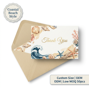 Tarjetas de agradecimiento con diseño de conchas marinas costeras, con sobre de papel kraft, letras doradas personalizadas, OEM, ODM, MOQ bajo, venta al por mayor, tarjetas de felicitación - Product Image 1