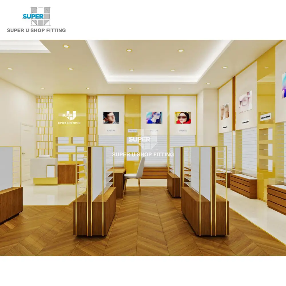 Gold Luxury Sunglass Shop Decoration Commercial Eyewear Glass Display Cabinet Custom Optical Shop Interior Design