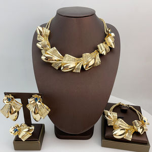 दुबई के सोने के आभूषण सेट-अफ्रीकी ब्राइडल नेकलेस किरिंग ब्रैसलेट सऊदी अरब महिला शादी के गहने सेट Fhk21863 - Product Image 5