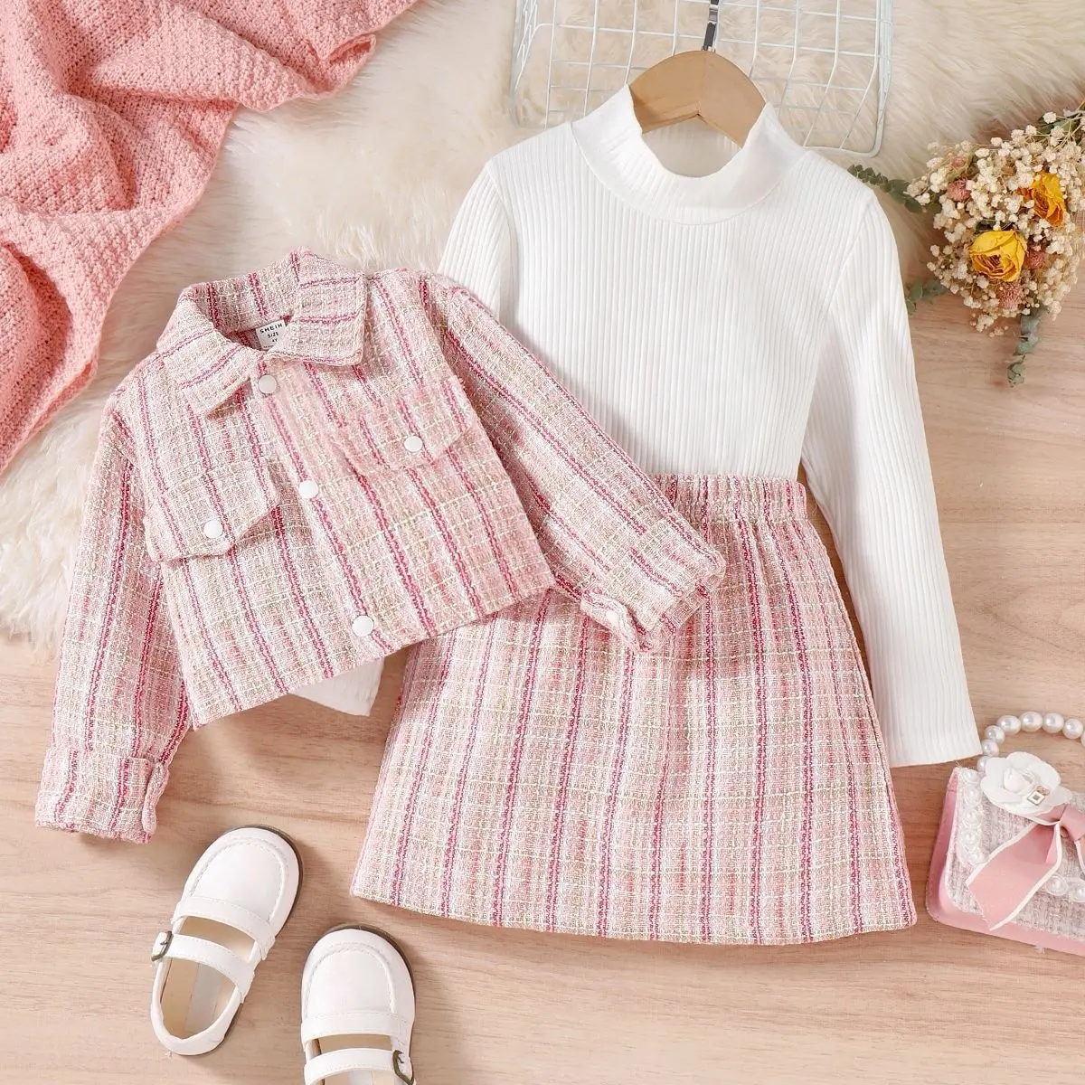 2022 Autumn Winter Boutique Kids Clothing Long Sleeve Turtleneck Sweater Plaid Button Coat A Line Skirt 3Pcs Girls Clothes