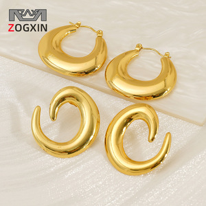 ZOGXIN C-Shaped Hoop Earrings Gold Tone Stainless Steel Geometric Party Fashion Jewelry - Product Image 1