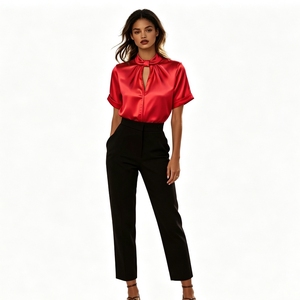Blus Satin Kerah Keyhole Lengan Pendek Wanita Elegan Kantor Warna Solid Kemeja Merek Butik Sehe Fashion - Product Image 1