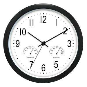 นาฬิกาแขวนผนังควอตซ์อเนกประสงค์สีขาวขนาด 10 นิ้ว พร้อมเทอร์โมมิเตอร์และไฮโกรมิเตอร์สำหรับห้องน้ำ - Product Image 1