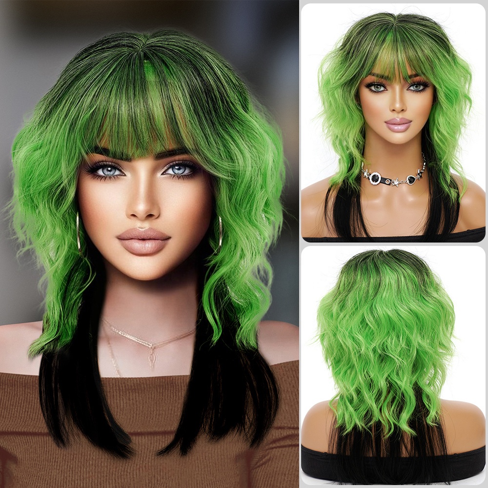 Peluca Corta Verde Ondulada Con Pañuelo Para Niña | Accesorio De Cosplay Y Halloween | Color Vibrante Y Diseño Adorable | Talla única