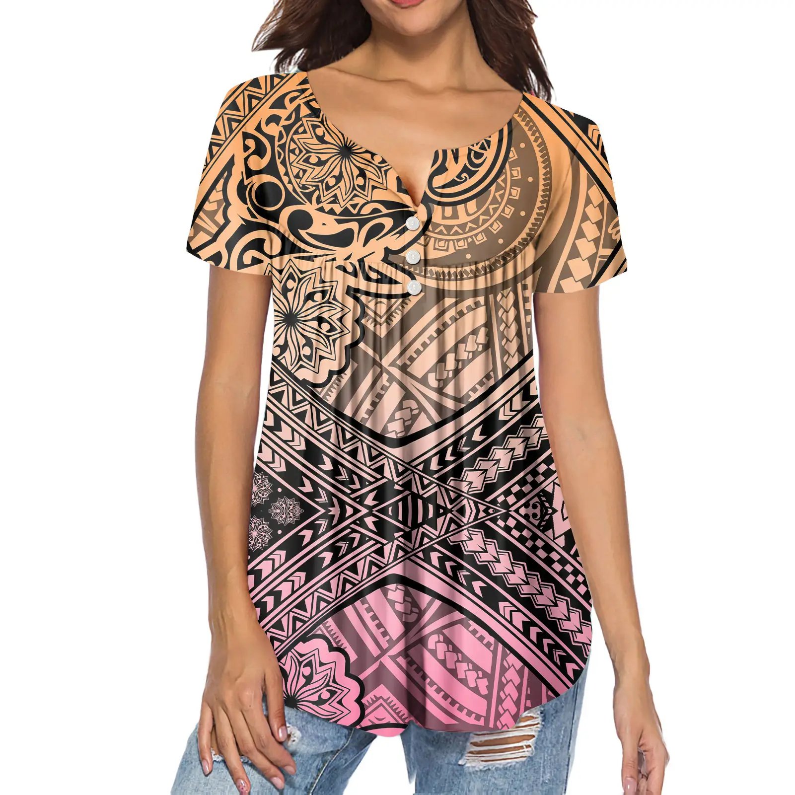 Custom 1MOQ Polynesische Hawaiiaanse Vrouwen Blouses En Tops Lady Sexy Tops Casual Bloemen Personaliseren Korte Mouw Shirts