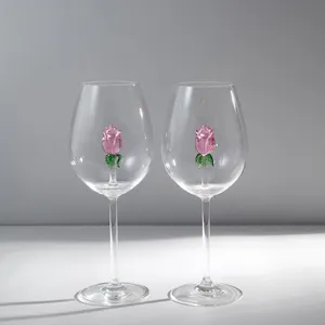 高硼硅玻璃杯640毫升长柄酒杯带花高杯
