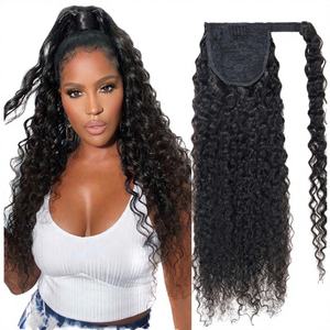 Накладной хвост-шиньон из 100% натуральных человеческих волос с эффектом водной волны, на завязках, натуральный черный цвет # 1B для женщин - Product Image 1