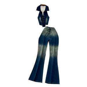 Conjunto de Ropa de Verano para Mujer, Estilo Vintage, 2 Piezas, Top Halter Tejido sin Mangas, Pantalones Vaqueros Ajustados de Cintura Alta, Venta al Por Mayor - Product Image 5