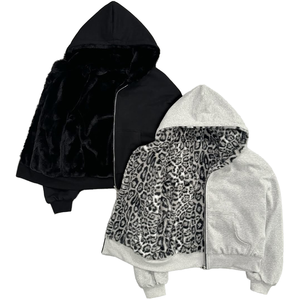 Sweat à capuche oversize réversible double face en polaire d'hiver anti-rétrécissement, imprimé léopard, 100 % coton, design uni personnalisé pour - Product Image 1