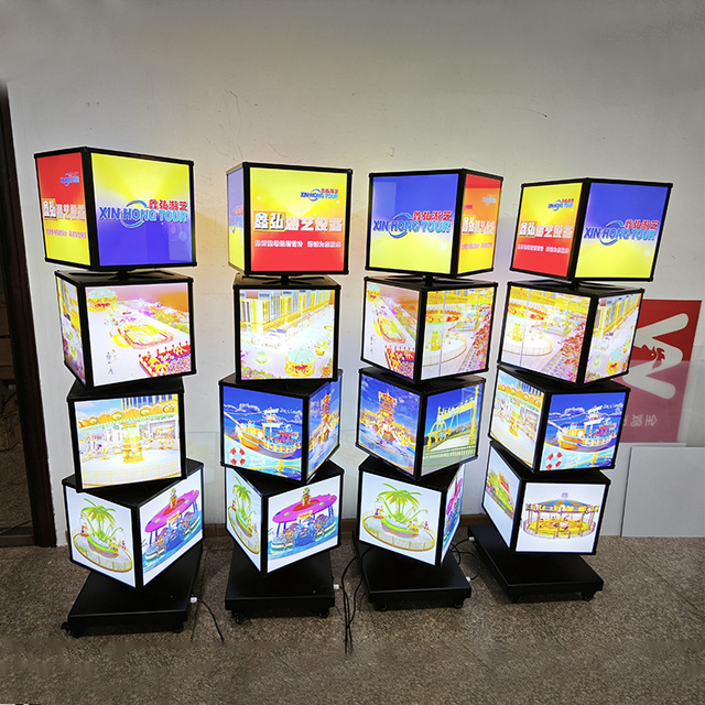 4 Sided 4 Layers 16 Posters Rotating Display Custom Floor Standing Menu Board Cube Advertising Light Box Rotating Light Box