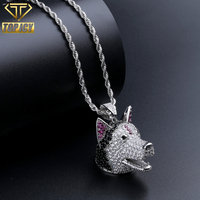 Pendentif Tête de Chien Husky 3D en Laiton Plaqué Rhodium Style Hip Hop, Entièrement Sertie de Zircons Cubiques Transparents, Noirs et Violets, Pendentif Animal de Compagnie Iced Out