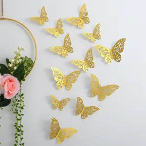 Adesivos de parede 3d em 20 estilos, decalques de borboleta oca, ouro rosa, prata, decoração de casamento e arte de casa