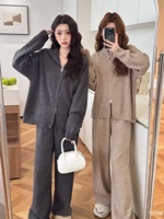 Ensemble confortable en tricot pour femmes col haut demi-fermeture éclair tricot côtelé ton neutre vêtements de détente à la mode vêtements d'extérieur tricots