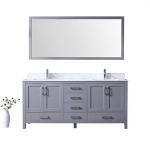 Meuble-lavabo de salle de bain gris contemporain avec miroir, 72 pouces, double vasque, en MDF peint, design sur pied - Product Image 1