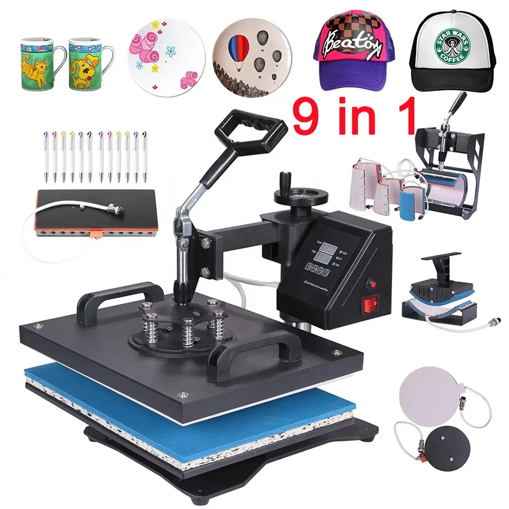 9 in 1 Kombination Sublimationsmaschine Tasse Platte Hut Rahmen Telefonhülle T-Shirt-Drucker Kissen Rätselhülle Jersey-Stift-Druckpresse