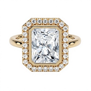 Anillo de Compromiso de Lujo con Diamante Cultivado en Laboratorio de Corte Radiante, Anillo Halo con Bisel Chapado en Oro de 18K/14K, Anillo de Boda Vintage Fino para Mujer - Product Image 1