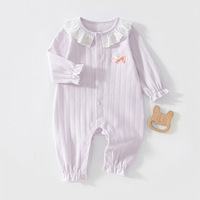 Combinaison en coton pour bébés filles, col à volants en dentelle, décoration avec nœud, bouton-pression sur le devant, manches longues, tenue pour nouveau-né