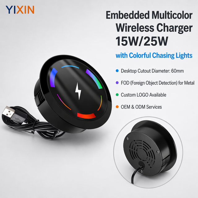 YIXIN 15W 25W Embedded RGB Wireless Charger Invisible Desktop Fast Charging Pad with Magic Light Effect for Gaming Office Desks