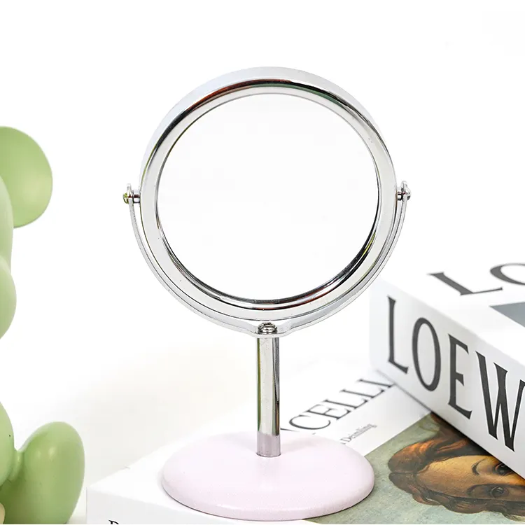 Cermin rias logam Desktop terlihat baik, cermin rias dua sisi berputar 360 derajat cermin kecil portabel
