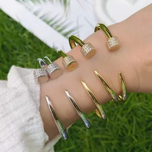 High Quality Nail 18K Plated Brass Bracelets,Fashion Inlaid Zircon Crystal Open Cuff Bangle Charm Jewelry Supply Wholesale