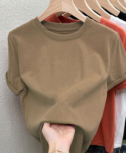 T-shirt Estiva 2026 da <span class=keywords><strong>Donna</strong></span> <span class=keywords><strong>Marrone</strong></span> in Cotone alla Moda Giovanile a Maniche Corte con Spalle Regolari Vestibilità Slim che Valorizza la Figura - Product Image 1