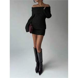 เดรสสั้นแบบเปิดไหล่สำหรับผู้หญิง แขนยาว ทรงเข้ารูป ผ้าถัก สไตล์ลำลอง ทรงเอ-ไลน์ - Product Image 5