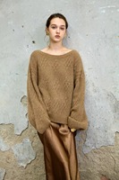 Pull en cachemire pur à 100 % pour femme, col bateau, coupe oversize, manches ballon ajourées, tricot duveteux, poignets et ourlet côtelés, doux et chaud pour l'hiver