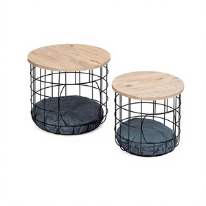 Ensemble de tables basses en fil métallique, style industriel moderne, durable et facile à nettoyer, avec plateau en bois et design nid pour chat, pour salon - Product Image 1