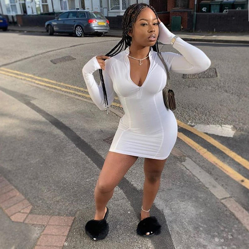 tight fitted jersey dress Front Zipper Tight Jersey Dress Full Front Zipper Dress Trendy Versatile  Fashion