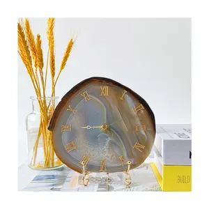 factory wholesale Natural Handmade Agate Stone Desk Clock with Metal Stand