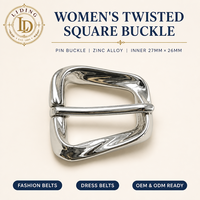 Boucle de ceinture torsadée sculpturale en alliage de zinc pour femme, 27 mm 26 mm, argentée, pour ceinture fine et élégante, OEM