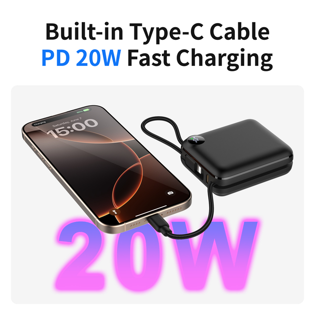 Mini Custom Logo Pocket Power Bank 10000mAh Plastic with Built-in Cable PD20W Fast Charging Portable Charger