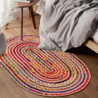 Tapis Chindi en coton, prix de gros, recyclé, multicolores, tapis tressé Chindi fait à la main en forme ovale, tapis réversible en coton et jute