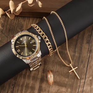 Set Promozionale 4 Pezzi da <span class=keywords><strong>Uomo</strong></span>, Nuova Collezione Estiva <span class=keywords><strong>di</strong></span> <span class=keywords><strong>Tendenza</strong></span>, Set Regalo con Orologio, Bracciale, Collana e Anello Placcati in Argento - Product Image 2