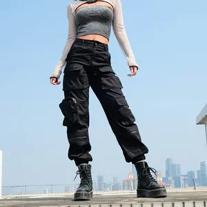 שחור מטענים 2020 Streetwear נשים של מכנסיים כיסים גבוהה מותניים מכנסיים לנשים רצים היפי מכנסי טרנינג
