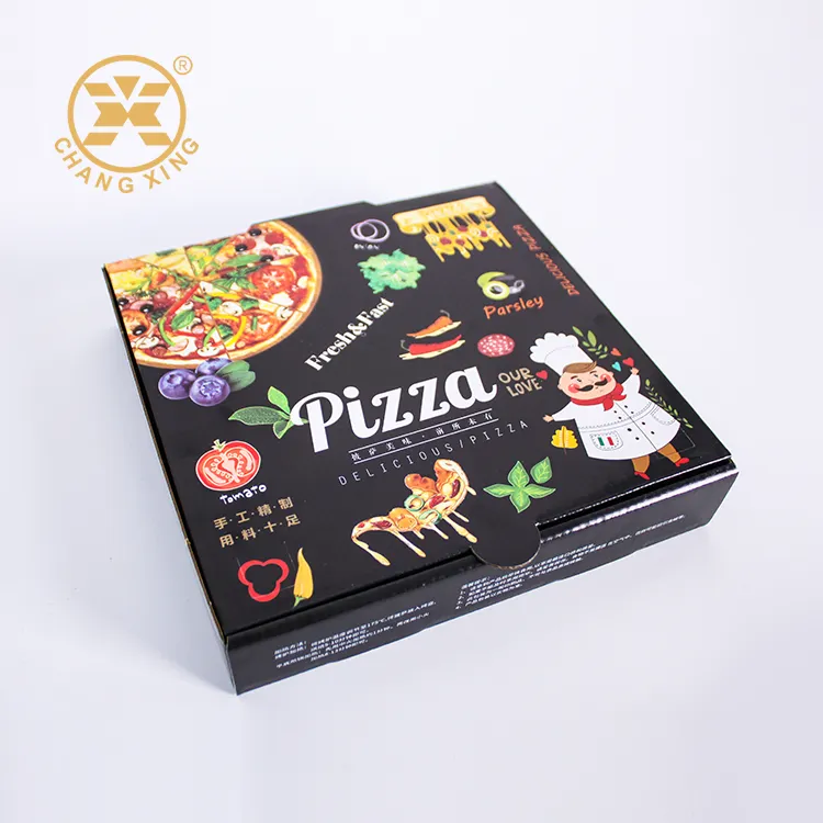 Boîte d'emballage de pizza imprimée de 12 pouces Boîte personnalisée personnalisée en carton de pizza isolée noire de 16 pouces avec logo