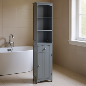 Armoire de rangement de salle de bain grise haute à 3 niveaux avec tiroir, meuble de salle de bain style ferme - Product Image 2