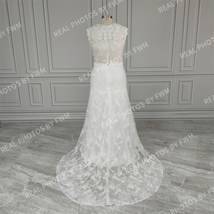 100% vraies Photos bohême balayage Train sans manches sirène dentelle robe de mariée col rond Appliques robe de mariée pour les femmes sur mesure - Product Image 3