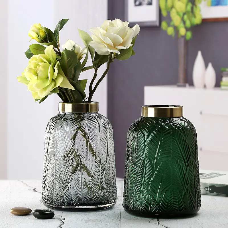 Europese Stijl Creatieve Glazen Vaas Met Koperen Ring Patroon Unieke Home Decor Glazen Bloemenvaas Thuis Tafelblad Bruiloft Decoratie