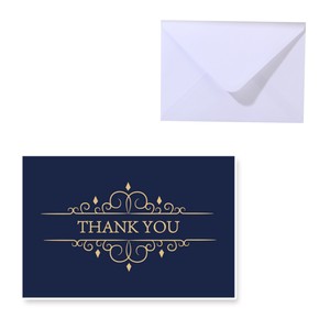 Wholesale Classy Blue Thank You Folding Paper Card with Gold Stamping Printing Blank Inside with Matching White Envelopes