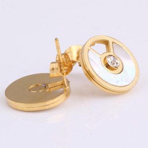 <b>Stud</b> <b>Earrings</b> 14MM Round Gold Shell Inlaid Bezel Setting Geometric Design Women's Fashion Jewelry - Product Image 3